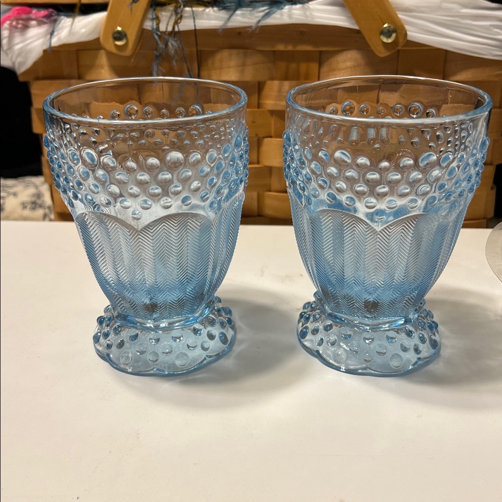 Set of 2 Gorham Emily's Attic Blue Hobnail and Herringbone Water Goblets
